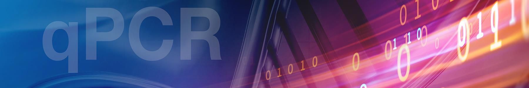 Abstract background with 'qPCR' text, binary code, and vibrant colors representing diagnostics 