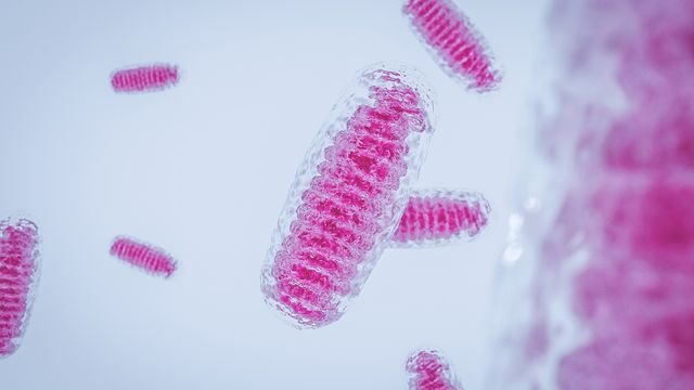 3D rendering of pink color Mitochondria against a plain light blue background