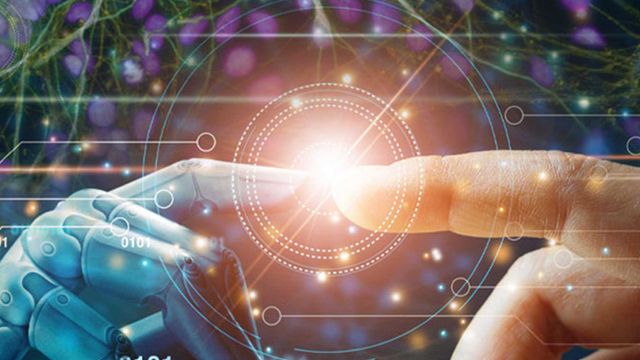 A robotic hand and human finger touch, emitting light, surrounded by digital circuits and neural patterns in a futuristic scene.